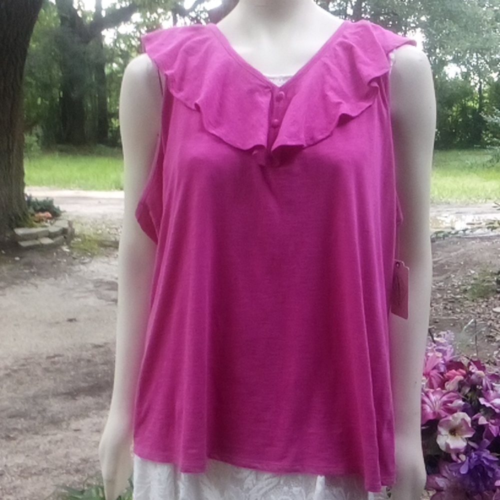 Women's Sleeveless Ruffle Neck Top - Fuchsia